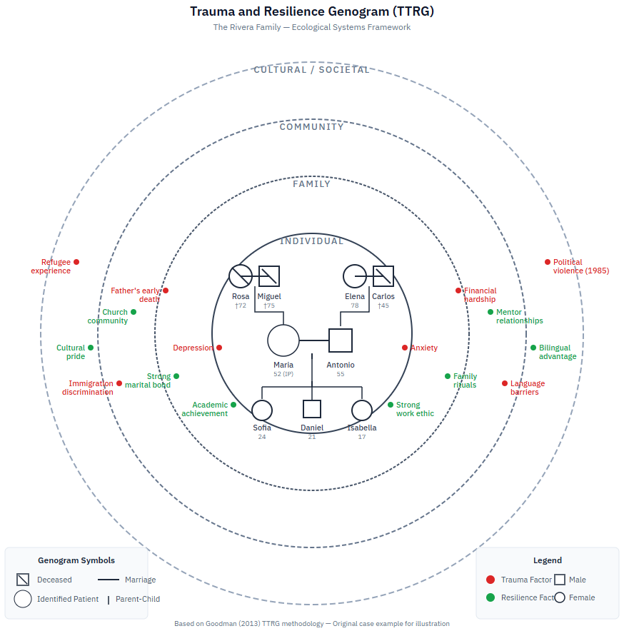 TTRG structure showing concentric circles representing ecological layers: individual at center, surrounded by family, community, and society layers, with genogram symbols overlaid